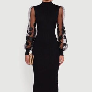 MADDEN GIRL Size Medium Mock Neck Long Mesh Floral Sleeve Sheath Black Dress